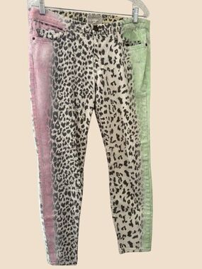 Current/Elliott Leopard Print Straight Leg Jeans with Pink and Green Side Panels